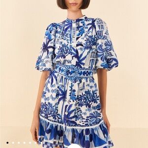 FARM Rio Sweet Rio puff sleeve Blue and White Mini Dress